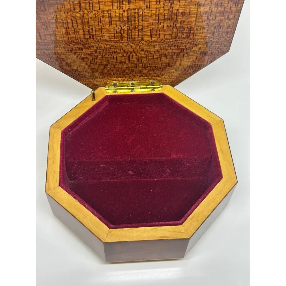 VTG Octagon Wood Inlay Floral Jewelry Box Sorrento Keepsake Velvet Interior‎
